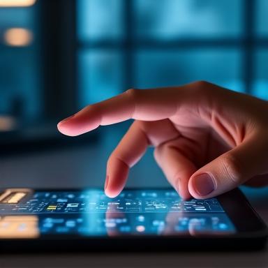 Hand drückt einen Bestätigungsbutton auf einem digitalen Interface