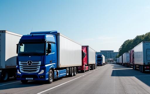 Lastwagenflotte auf einer Autobahnraststätte